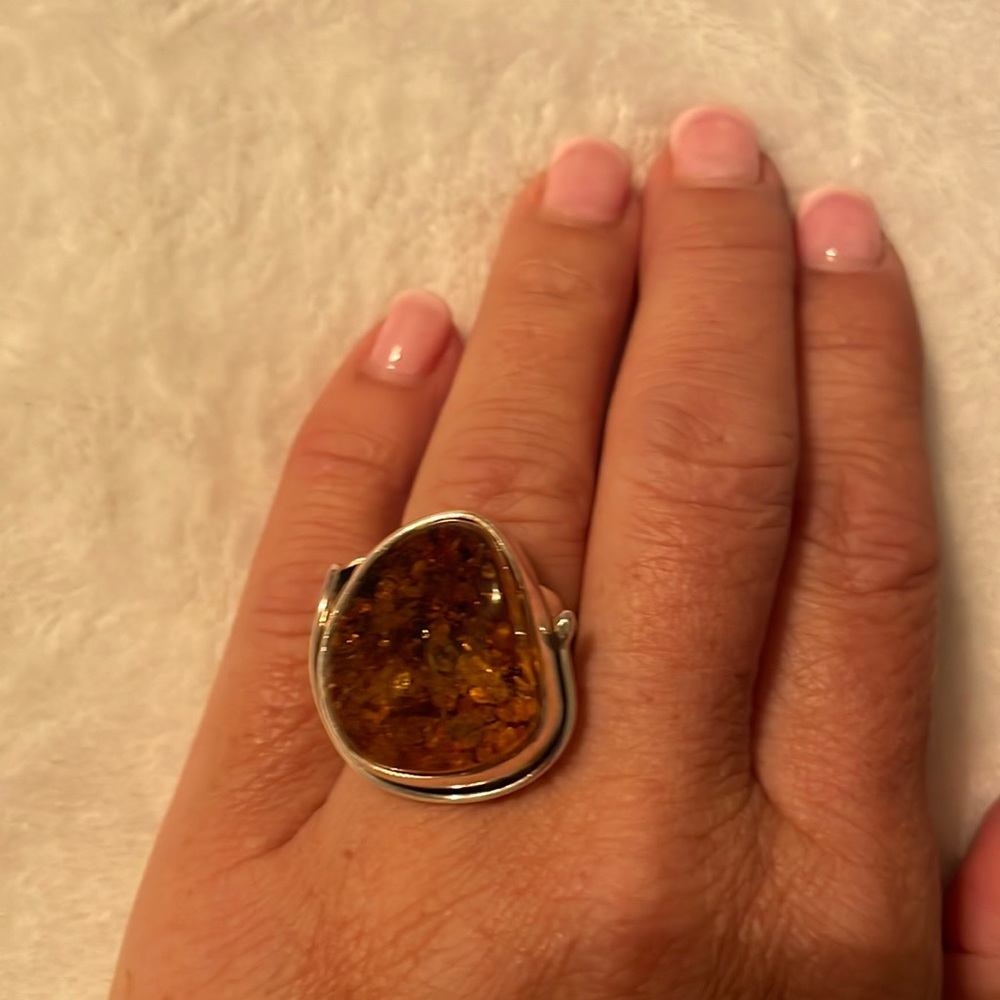 Sterling Silver Amber Adjustable Ring. - image 1